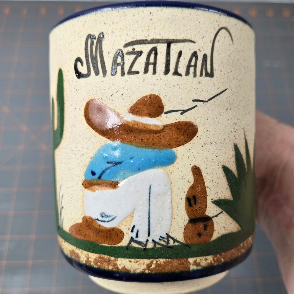 Signed Sandstone Texture Pottery Coffee Tea Mug Mexico Sombrero Cactus Blue Rim